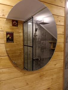 a circular mirror on a wooden wall in a bathroom at Cottage Toladi in Stepantsminda