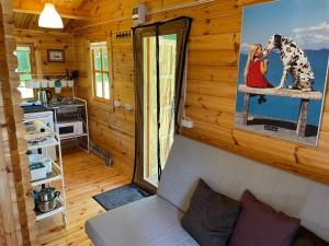una habitación en una cabaña de madera con un perro en un estante en Vila Paradise Bay, en Smalvos