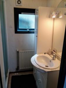 La salle de bains est pourvue d'un lavabo blanc et d'une fenêtre. dans l'établissement Chalet De Eekhoorn, à Diever