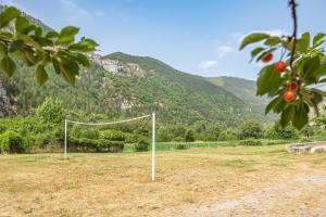 un gol de fútbol en un campo con montañas en el fondo en Village de gîtes de Blajoux, en Quézac
