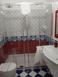 a bathroom with a shower and a toilet and a sink at Hotel Belvedere in Sperlonga