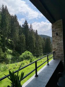 Progled的住宿－GORA уютна планинска къща до ски зона Пампорово，享有森林美景的阳台