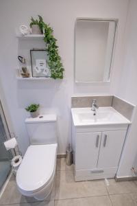 a white bathroom with a toilet and a sink at Tropicana House in Barnsley