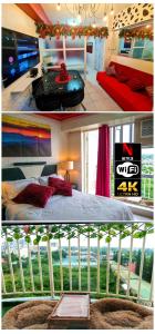 two pictures of a bedroom with a bed and a balcony at The Red Keep Condotel Tagaytay Cityland Prime Residences with 55in 4k TV & Netflix in Tagaytay