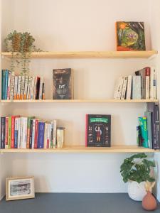 uma estante cheia de livros e uma planta em Le Cocoon - Appartement cocooning à Orange em Orange