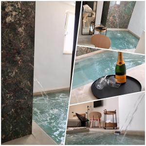 uma colagem de fotos com uma garrafa de champanhe numa piscina em QUIRICO GUEST HOUSE em Locorotondo