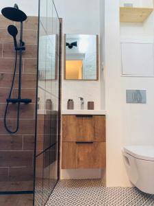 La salle de bains est pourvue d'une douche, de toilettes et d'un lavabo. dans l'établissement Pie Oskara, à Kolka
