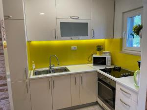 une cuisine avec un évier et un mur jaune dans l'établissement Family friendly house with a swimming pool Gornje Planjane, Zagora - 19733, à Unešić