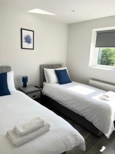 1 dormitorio con 2 camas y ventana en Newly Renovated 3 Bed Apartment with Parking by Ark SA en Sheffield