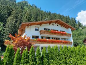 a house in the mountains with red flowers at Apart Dahuam in Aschau