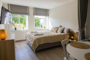 ein Schlafzimmer mit einem Bett und zwei Fenstern in der Unterkunft APARTAMENTY RICO in Augustów