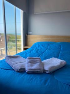 2 toallas en una cama azul con ventana en Container Cubo Hotel en Quequén