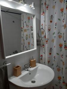 a bathroom with a sink and a shower curtain at Apartamento luminoso casco antiguo San Luis in Seville