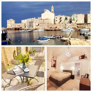 un collage de deux photos d'une ville avec des bateaux dans l'eau dans l'établissement GIOVINAZZO HISTORIC APULIA old town stone house with private patio, à Giovinazzo