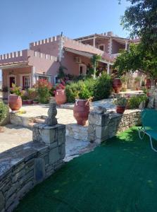 een tuin met potplanten en een stenen muur bij Pension Patelo in Pitsidia