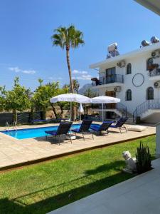 a pool with chairs and umbrellas next to a building at Templos Homes in Kérynia