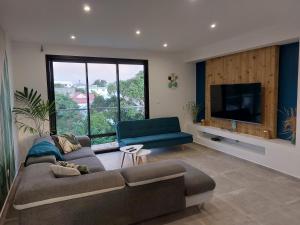 ein Wohnzimmer mit einem Sofa und einem Flachbild-TV in der Unterkunft L'escale des deux rivières in Saint-Joseph
