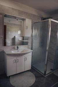 a bathroom with a sink and a shower at Villa Sami in Bihać +22 photos