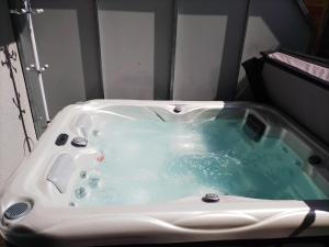 a bath tub with blue water in a bathroom at Ferienwohnung Krenn in Feldbach