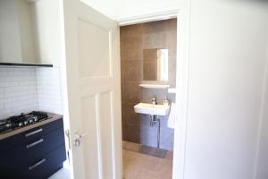 Recreatieappartement BoerdeRijlst - De Kamer في Sint Nicolaasga: حمام مع حوض ومرحاض ومرآة