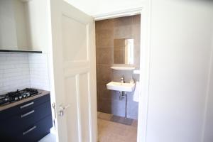 a bathroom with a sink and a toilet and a mirror at Recreatieappartement BoerdeRijlst - De Kamer in Sint Nicolaasga