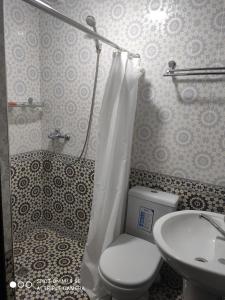 La salle de bains est pourvue de toilettes et d'un lavabo. dans l'établissement Samarkand City Center Hotel, à Samarcande