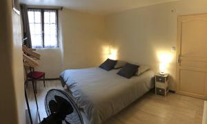 ein Schlafzimmer mit einem Bett mit zwei Kissen und einem Fenster in der Unterkunft Les Maisons du Conflent, maisons familiales en pierre au coeur des remparts in Villefranche-de-Conflent