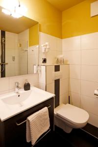 a bathroom with a sink and a toilet and a mirror at Casa Palatina Vinotel in Großkarlbach +68 photos