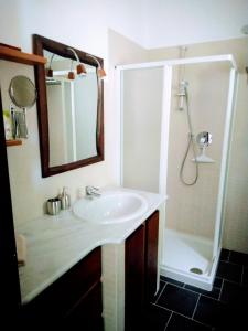 La salle de bains est pourvue d'un lavabo et d'une douche. dans l'établissement Villa Maia, à Neirone