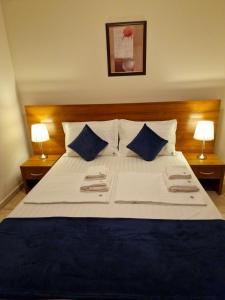 a bedroom with a large bed with blue and white pillows at HC Apartments Kaliakria in Topola