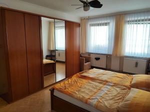 1 dormitorio con 1 cama y ventilador de techo en Apartment Hernals, en Viena