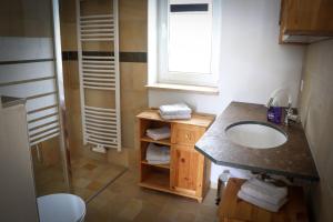 baño con lavabo, ventana y ducha en Ferienhaus Schneckenheisl en Mindelstetten