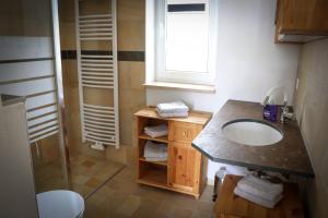 baño con lavabo, ventana y ducha en Ferienhaus Schneckenheisl, en Mindelstetten