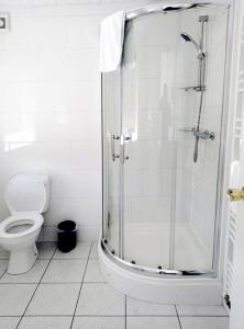 ein Bad mit einer Dusche und einem WC in der Unterkunft Cozy 4 Bedroom House in Smethwick with 4 bathrooms perfect for contractors and families in Birmingham