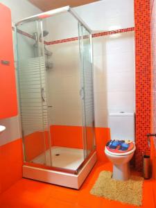 ein Bad mit einer Dusche und einem WC in der Unterkunft Seaside mountain view Golden Mar villa in Paránimfoi
