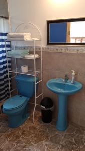 a bathroom with a blue toilet and a sink at Rainforest Lodge del Rio in Portobelo