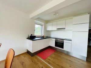a kitchen with white cabinets and a red rug at Moderne Ferienwohnung am Rothsee in Hilpoltstein