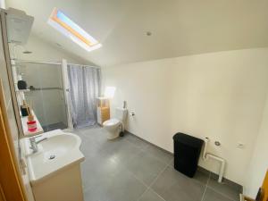 ein Badezimmer mit einem weißen Waschbecken und einer Toilette in der Unterkunft Maison proche de Paris/CDG et Disney in Villeparisis + 16 Fotos