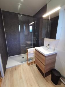 y baño con ducha, lavabo y bañera. en Studio Duplex avec jardin - La voie des Salines 