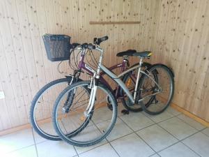 dos bicicletas estacionadas una al lado de la otra en una habitación en Studio Duplex avec jardin - La voie des Salines 