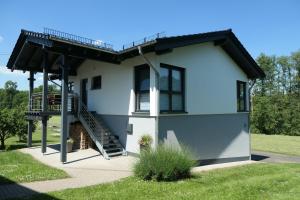 una casa con techo de metal y escalera en FEWO Hof Elbbachtal, en Westerburg