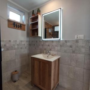 a bathroom with a sink and a mirror at Dom w górach in Łomnica