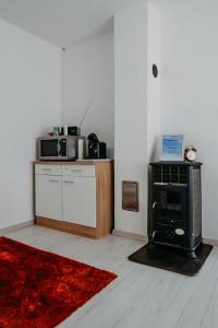 a living room with a stove and a red rug at Ferienhaus RADO in Winden am See