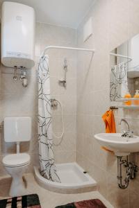 a bathroom with a shower and a toilet and a sink at Ferienhaus RADO in Winden am See