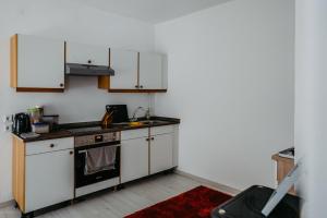 a kitchen with white cabinets and a stove top oven at Ferienhaus RADO in Winden am See +17 photos
