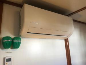 a microwave above a refrigerator with two green cups at Hotelboot Zwaan in Amsterdam