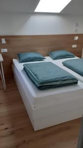 two beds with blue pillows in a bedroom at Fine Rooms Vipava in Vipava