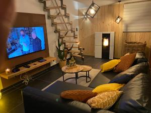 a living room with a couch and a flat screen tv at Maisonnette Les garages in Namur