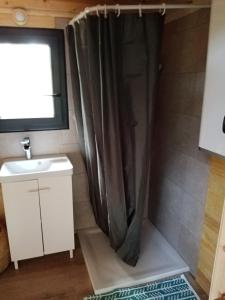 a bathroom with a shower curtain and a sink at Tiny house ocean in Naujac-sur-Mer