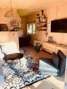 a living room with a couch and a tv at HJEM - Tiny Home in Bergatreute